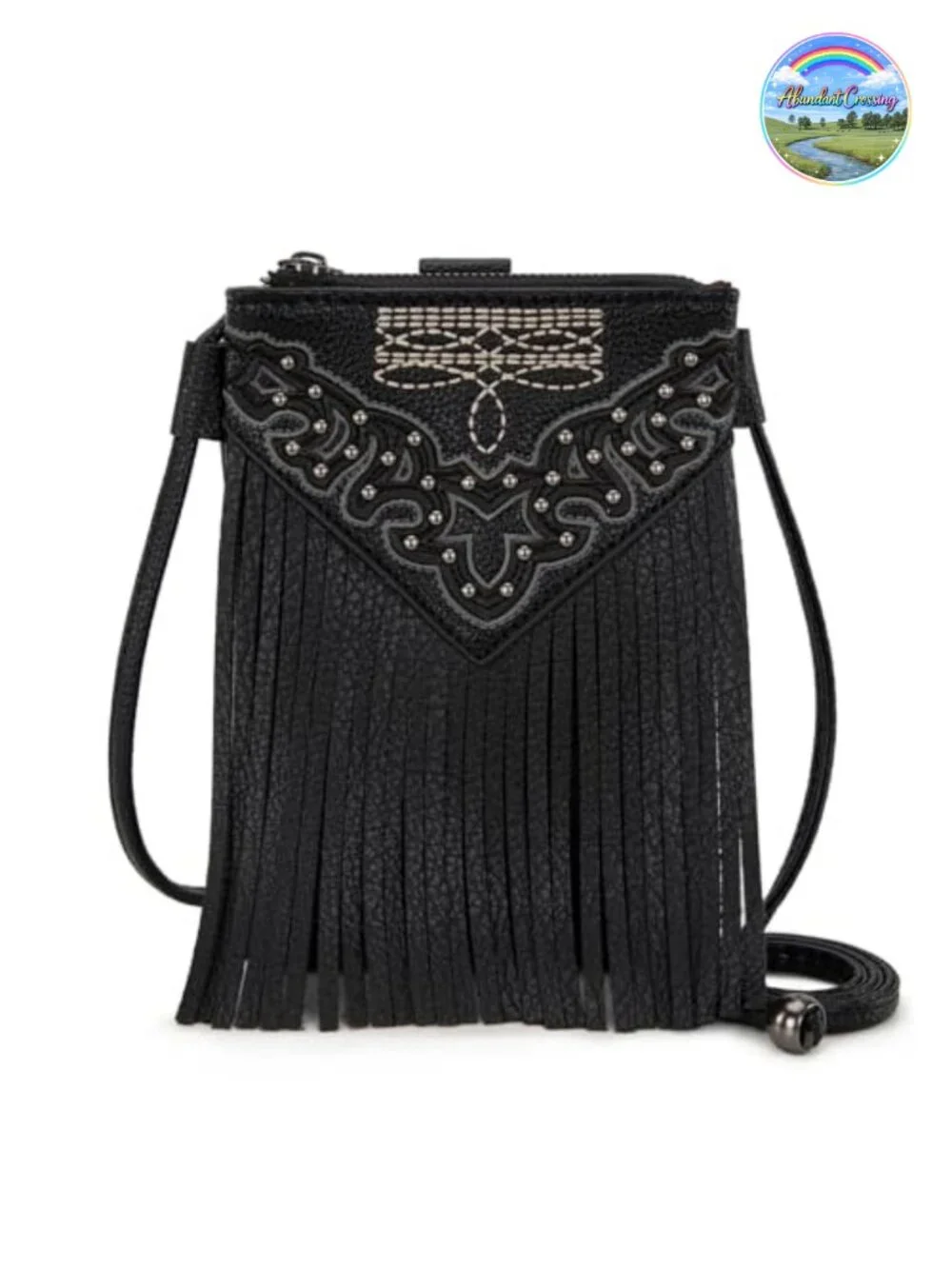 Western Fringe Faux Leather Crossbody Phone Purse with Studs and Embroidery